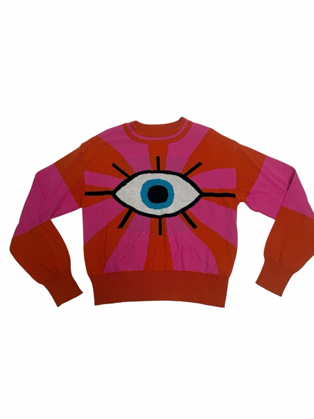 OXKNIT Evil Eye Graphic Cotton Sweater Pink Orange Size Medium NWT